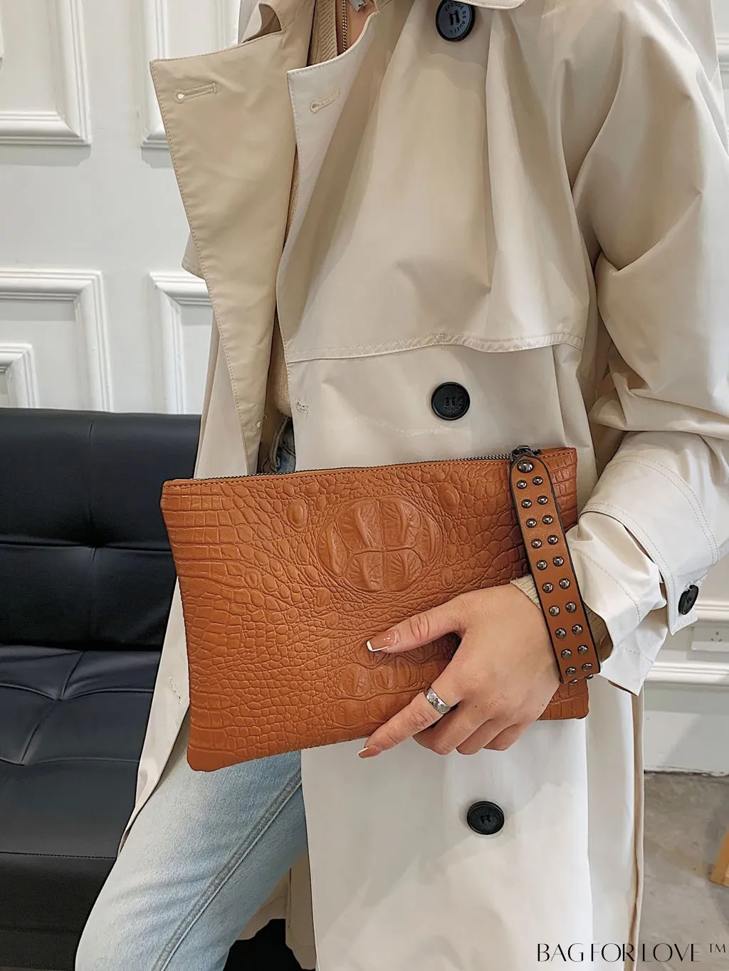 BagForLove - Embossed Croc Clutch with Studded Decor - Elegant and Stylish