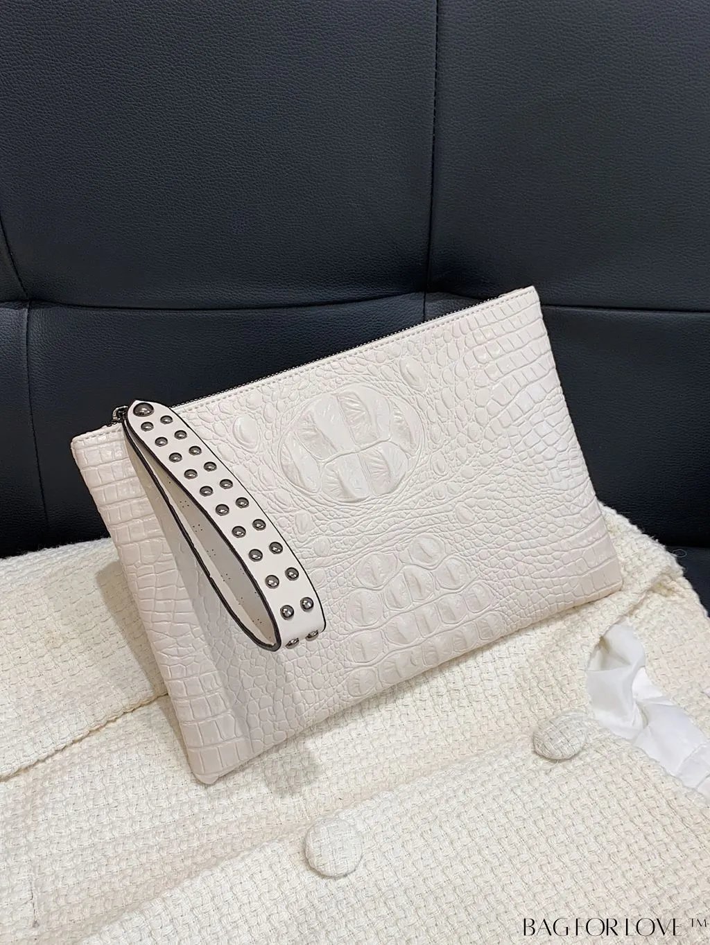 BagForLove - Embossed Croc Clutch with Studded Decor - Elegant and Stylish