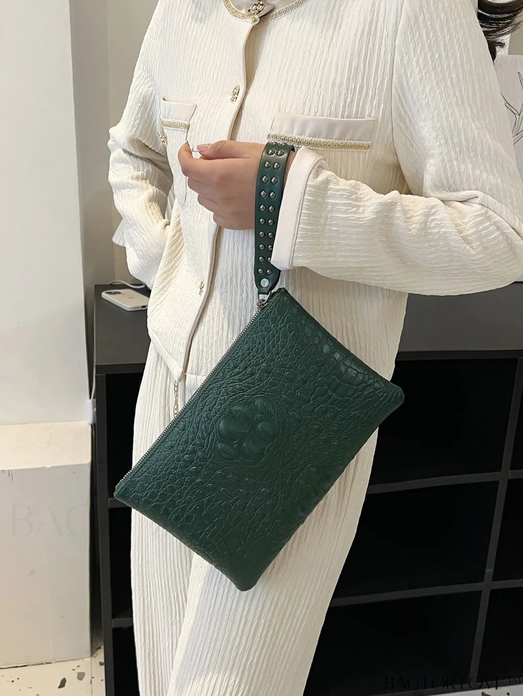 BagForLove - Embossed Croc Clutch with Studded Decor - Elegant and Stylish