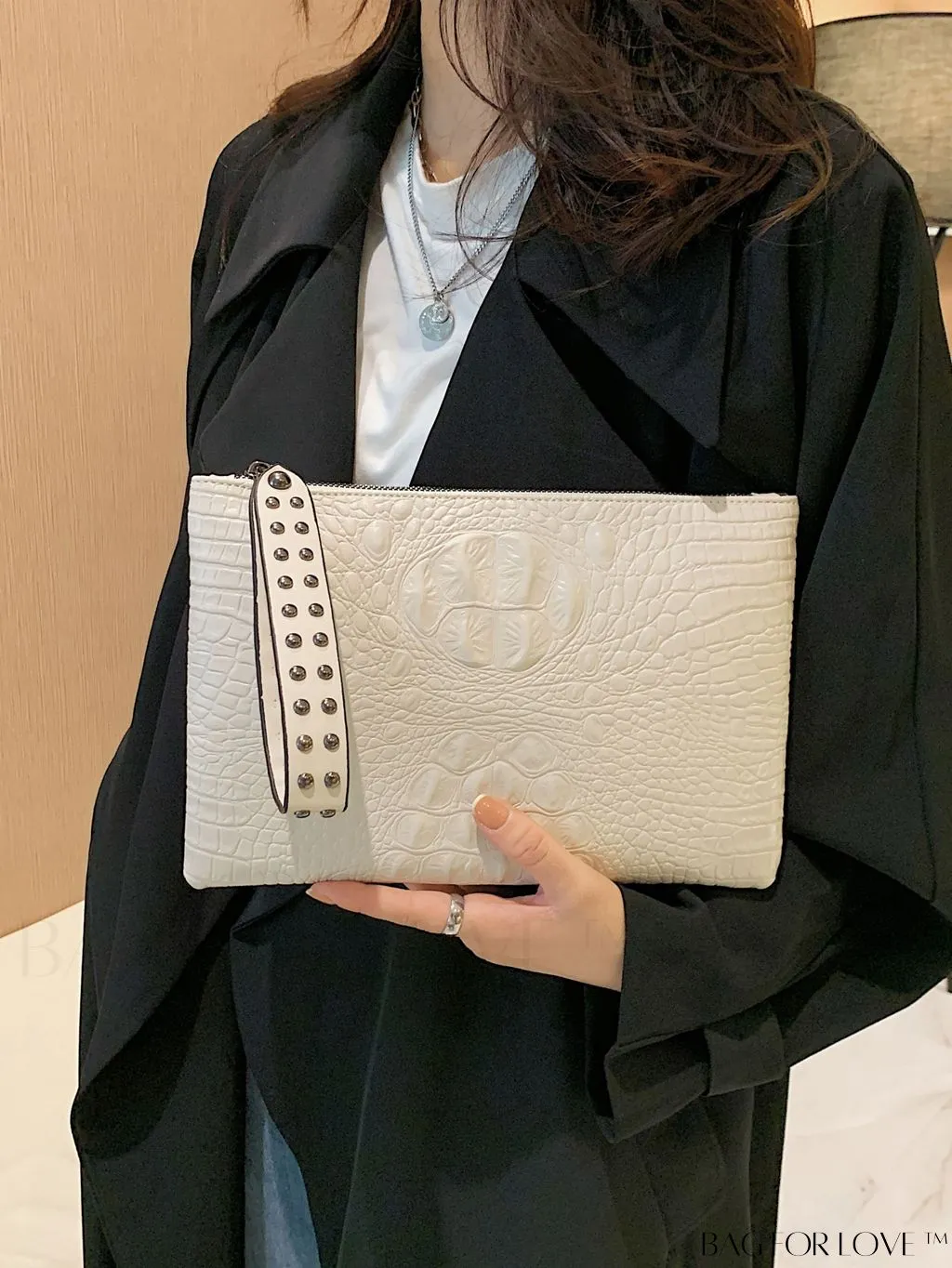 BagForLove - Embossed Croc Clutch with Studded Decor - Elegant and Stylish