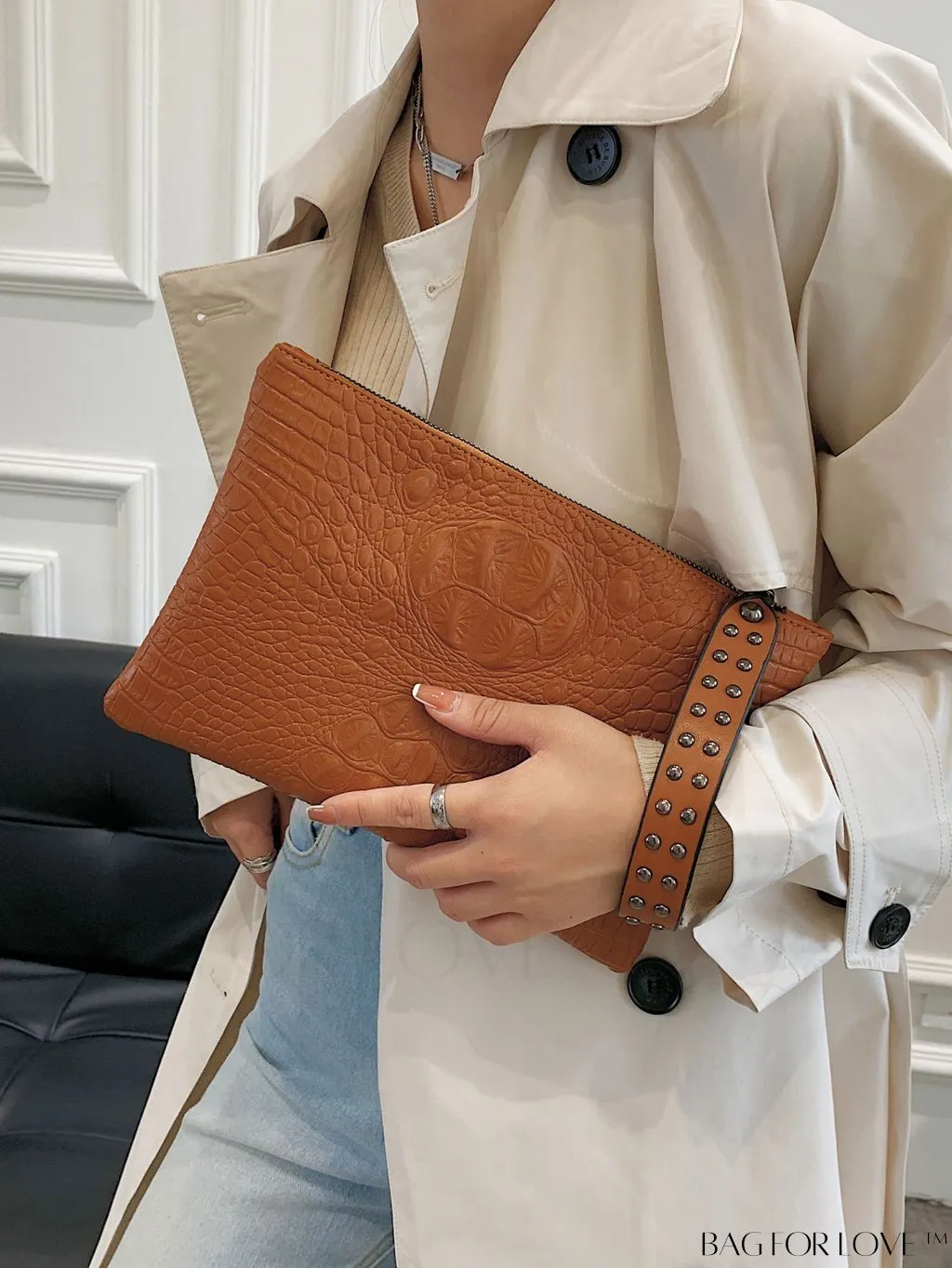 BagForLove - Embossed Croc Clutch with Studded Decor - Elegant and Stylish