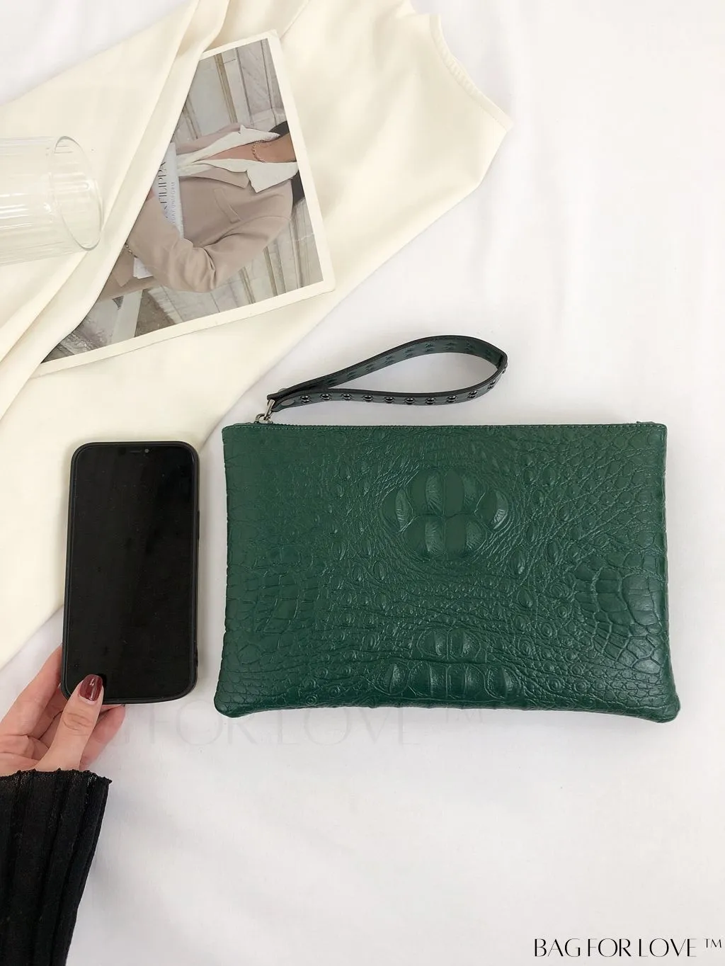 BagForLove - Embossed Croc Clutch with Studded Decor - Elegant and Stylish