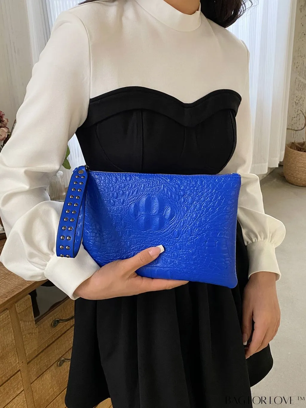 BagForLove - Embossed Croc Clutch with Studded Decor - Elegant and Stylish