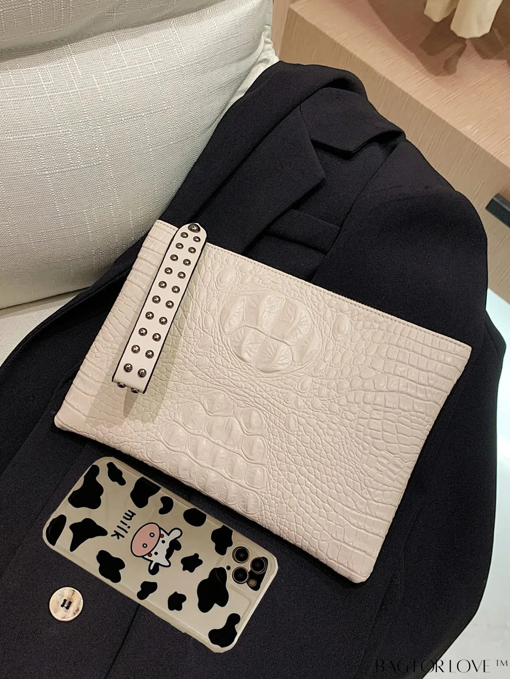 BagForLove - Embossed Croc Clutch with Studded Decor - Elegant and Stylish