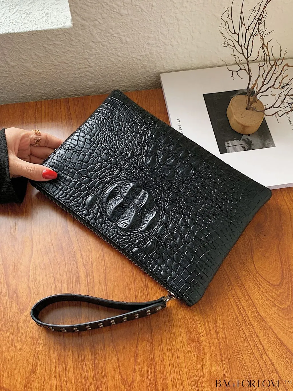BagForLove - Embossed Croc Clutch with Studded Decor - Elegant and Stylish