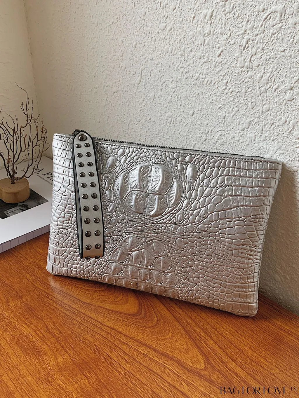 BagForLove - Embossed Croc Clutch with Studded Decor - Elegant and Stylish
