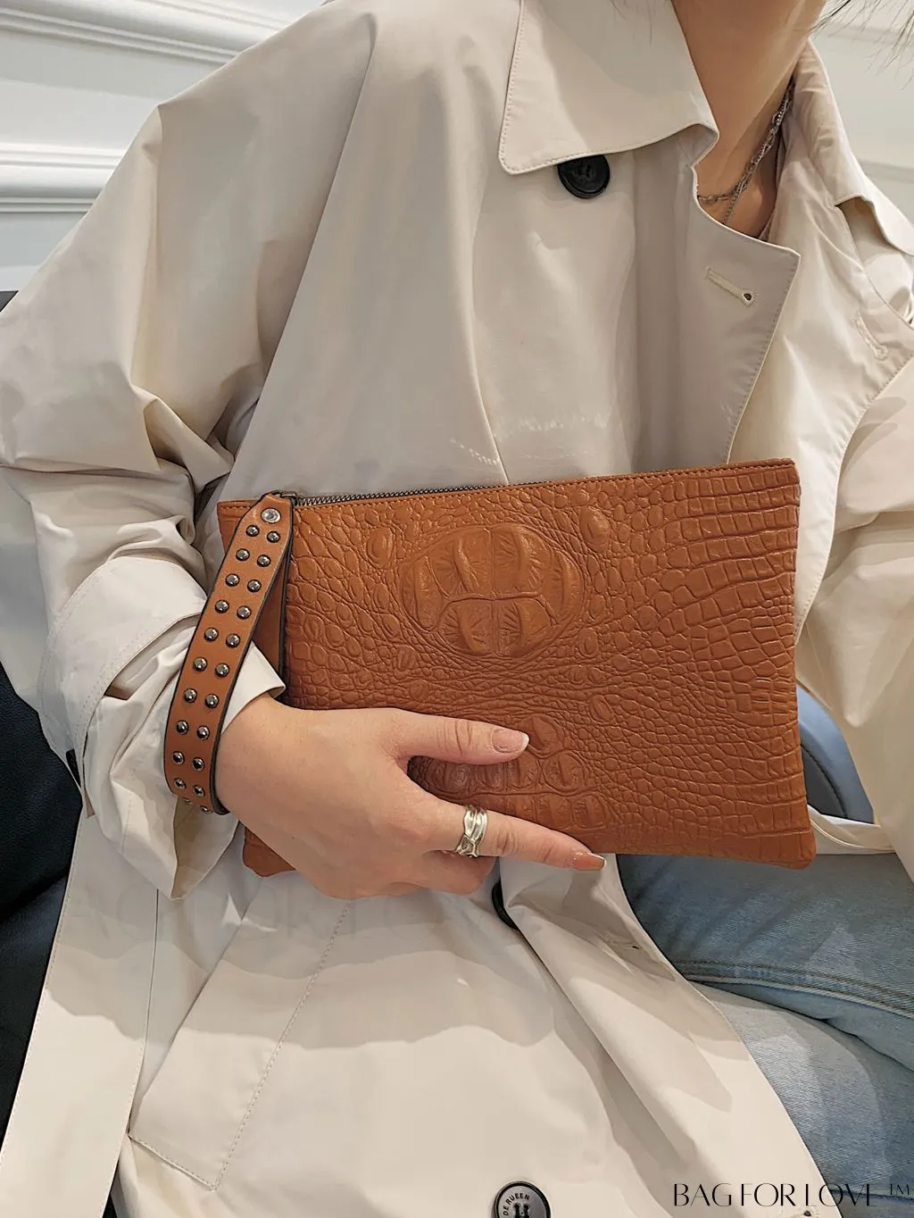 BagForLove - Embossed Croc Clutch with Studded Decor - Elegant and Stylish