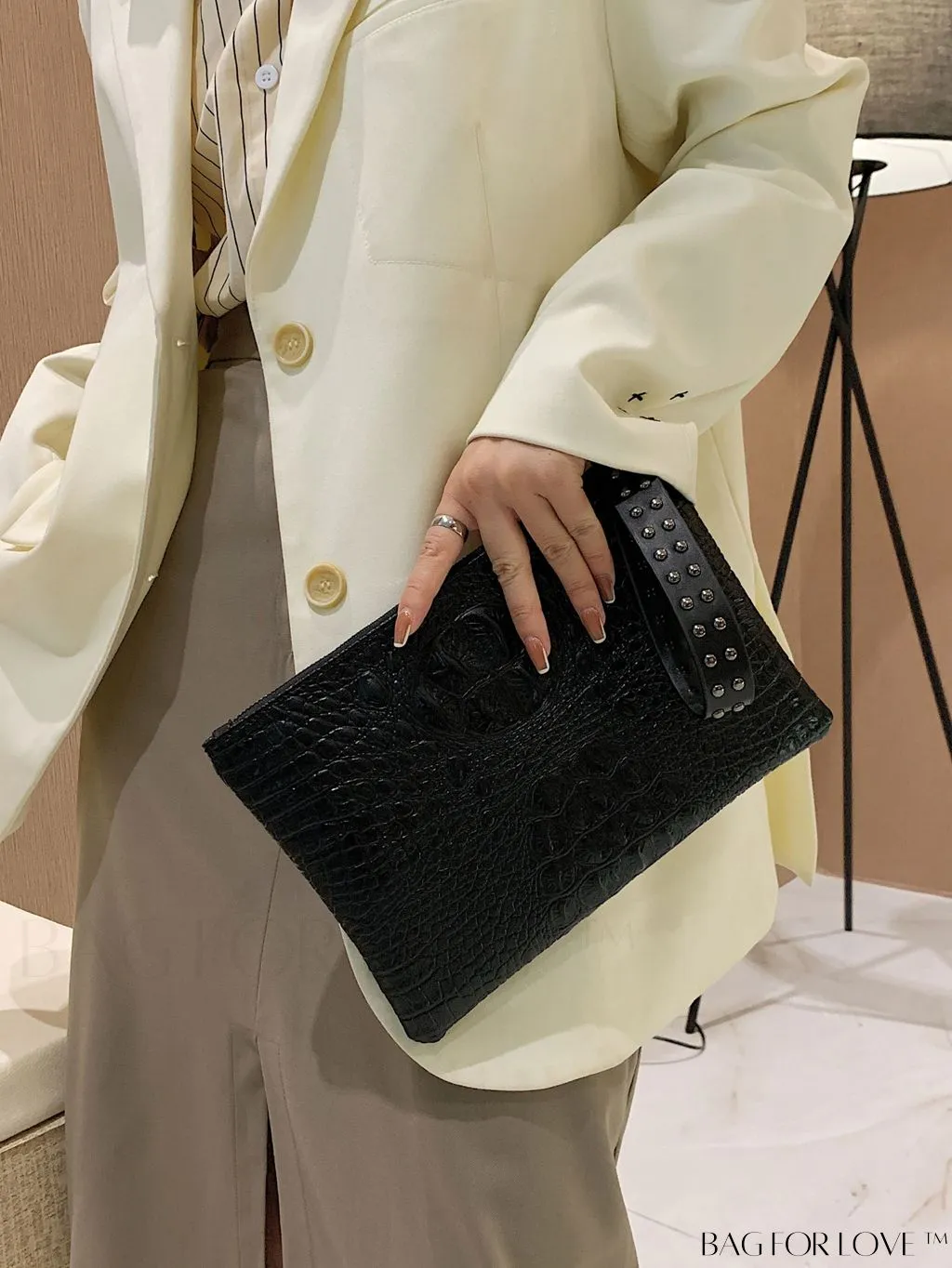BagForLove - Embossed Croc Clutch with Studded Decor - Elegant and Stylish