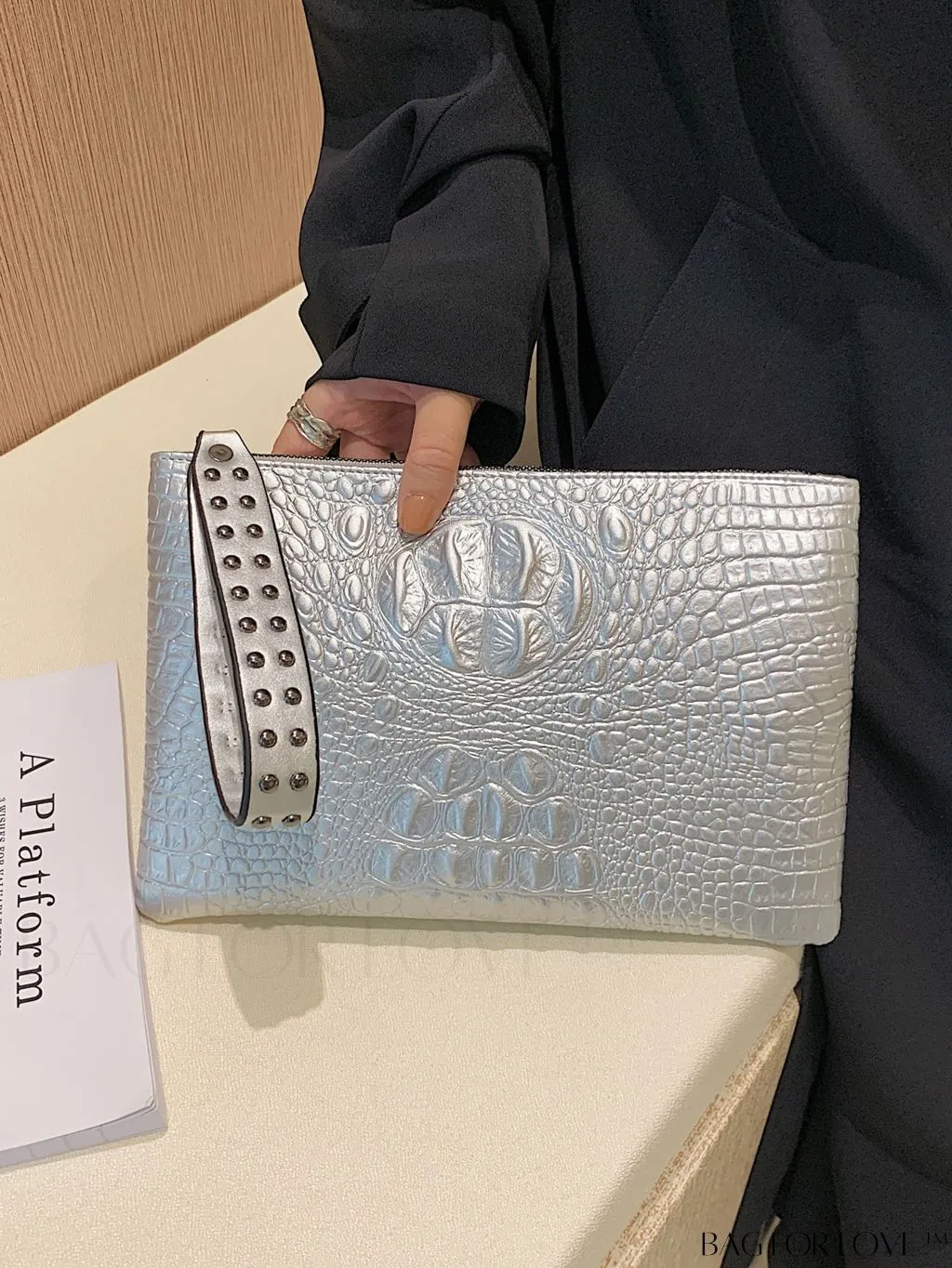 BagForLove - Embossed Croc Clutch with Studded Decor - Elegant and Stylish