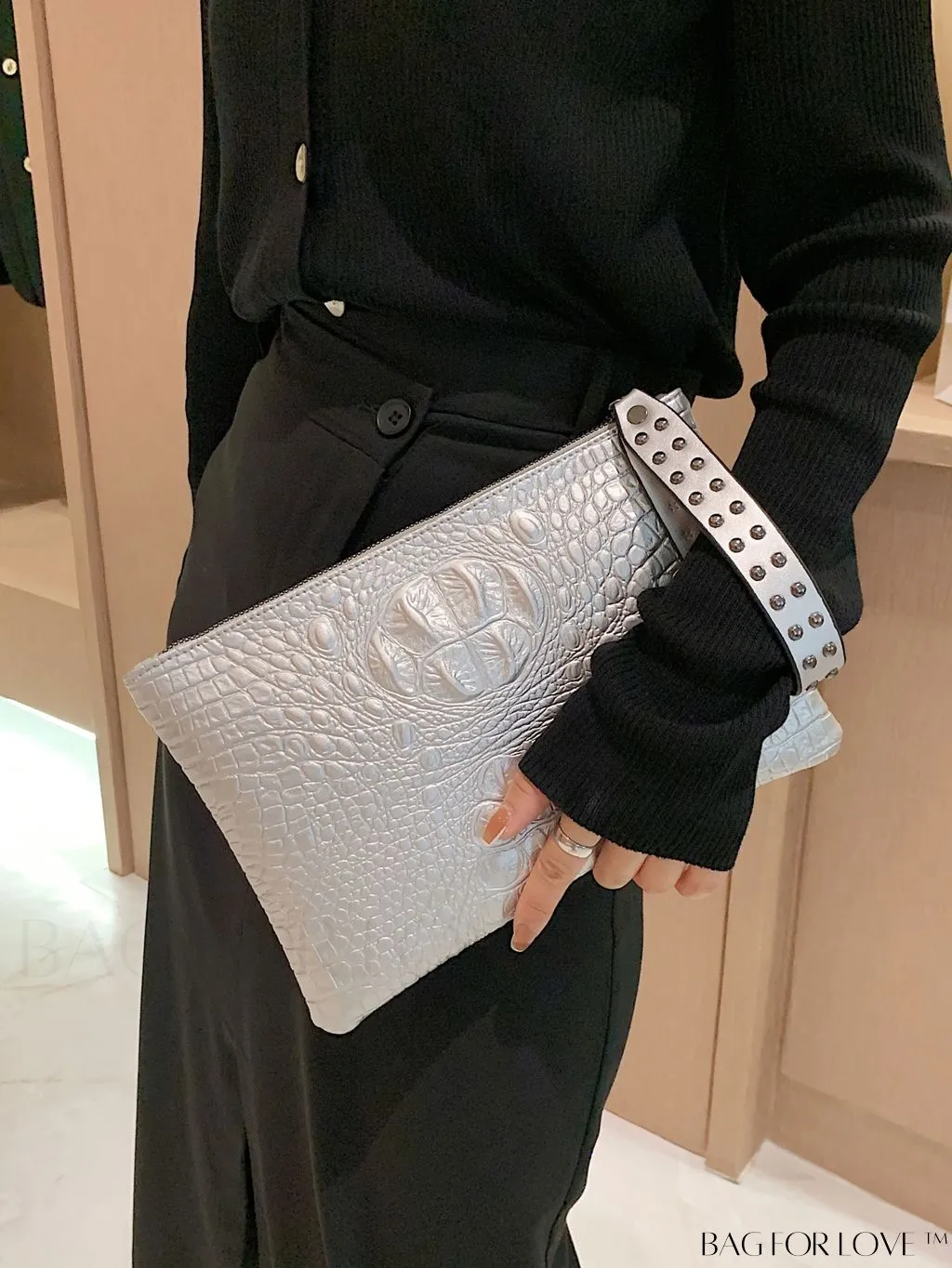 BagForLove - Embossed Croc Clutch with Studded Decor - Elegant and Stylish