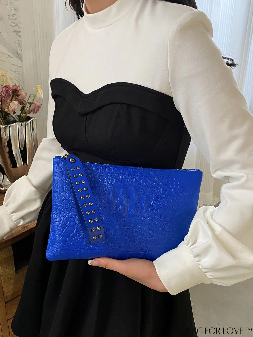 BagForLove - Embossed Croc Clutch with Studded Decor - Elegant and Stylish