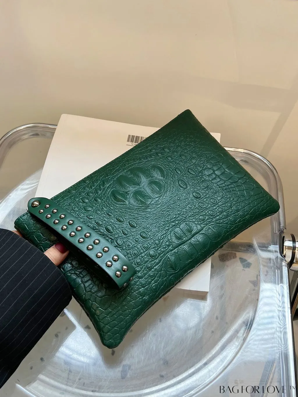 BagForLove - Embossed Croc Clutch with Studded Decor - Elegant and Stylish