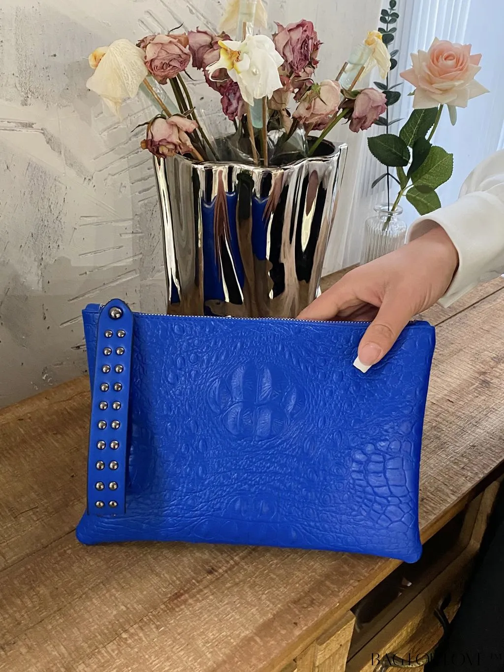 BagForLove - Embossed Croc Clutch with Studded Decor - Elegant and Stylish
