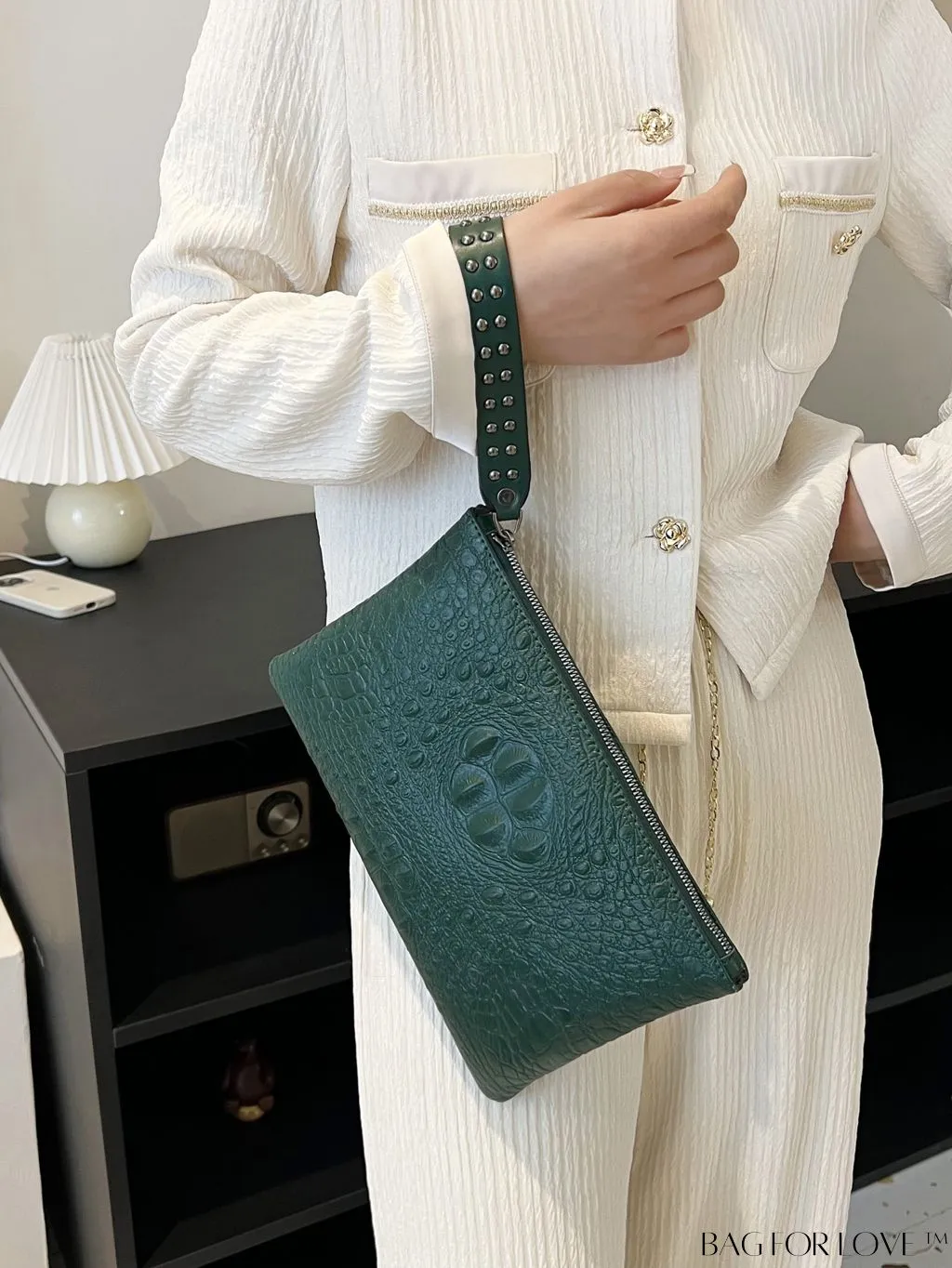 BagForLove - Embossed Croc Clutch with Studded Decor - Elegant and Stylish