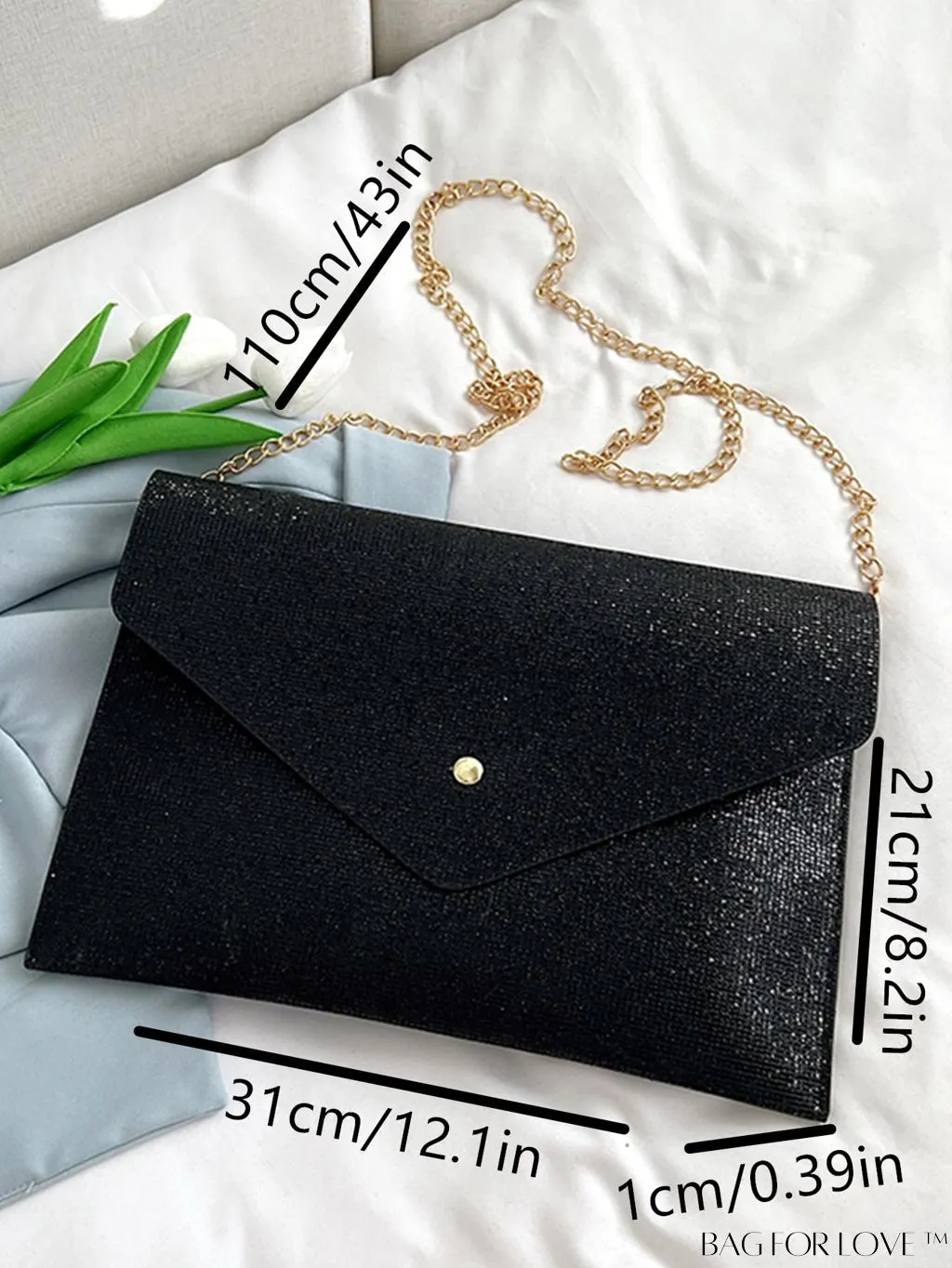 BagForLove - Medium Black Minimalist Envelope Bag with Flap Design
