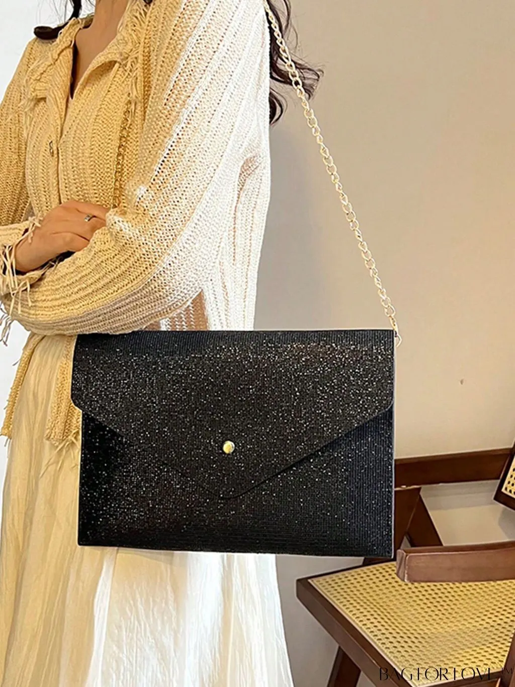 BagForLove - Medium Black Minimalist Envelope Bag with Flap Design