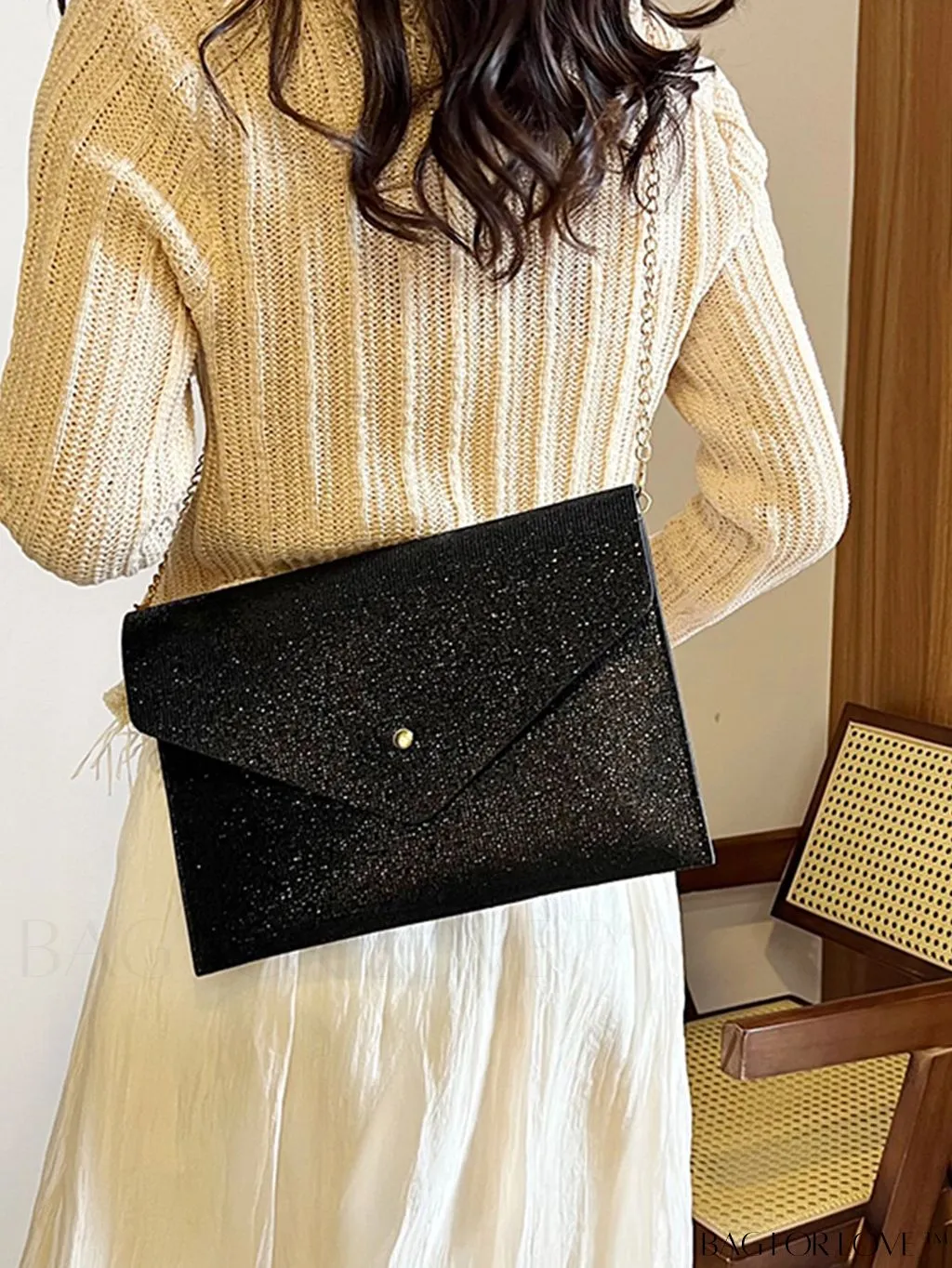 BagForLove - Medium Black Minimalist Envelope Bag with Flap Design