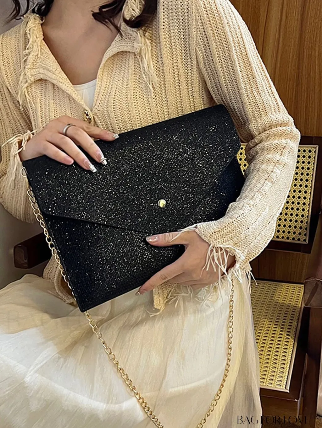 BagForLove - Medium Black Minimalist Envelope Bag with Flap Design