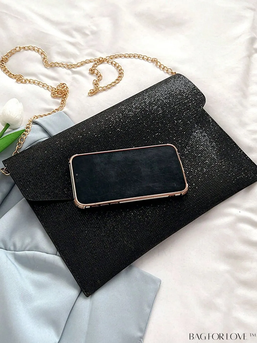 BagForLove - Medium Black Minimalist Envelope Bag with Flap Design