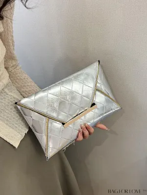 BagForLove - Metallic Flap Envelope Bag with Quilted Design and Metal Embellishments