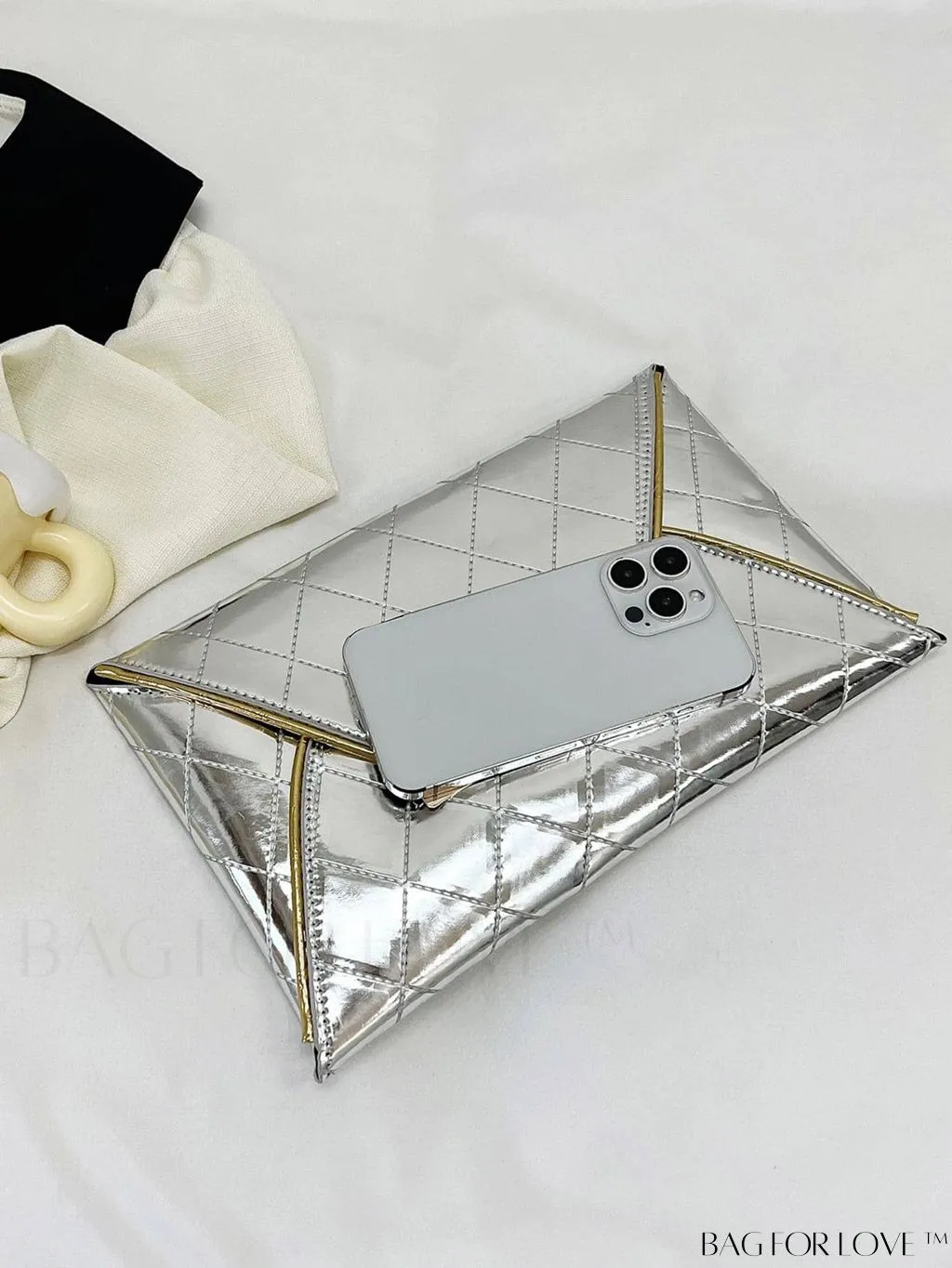 BagForLove - Metallic Flap Envelope Bag with Quilted Design and Metal Embellishments