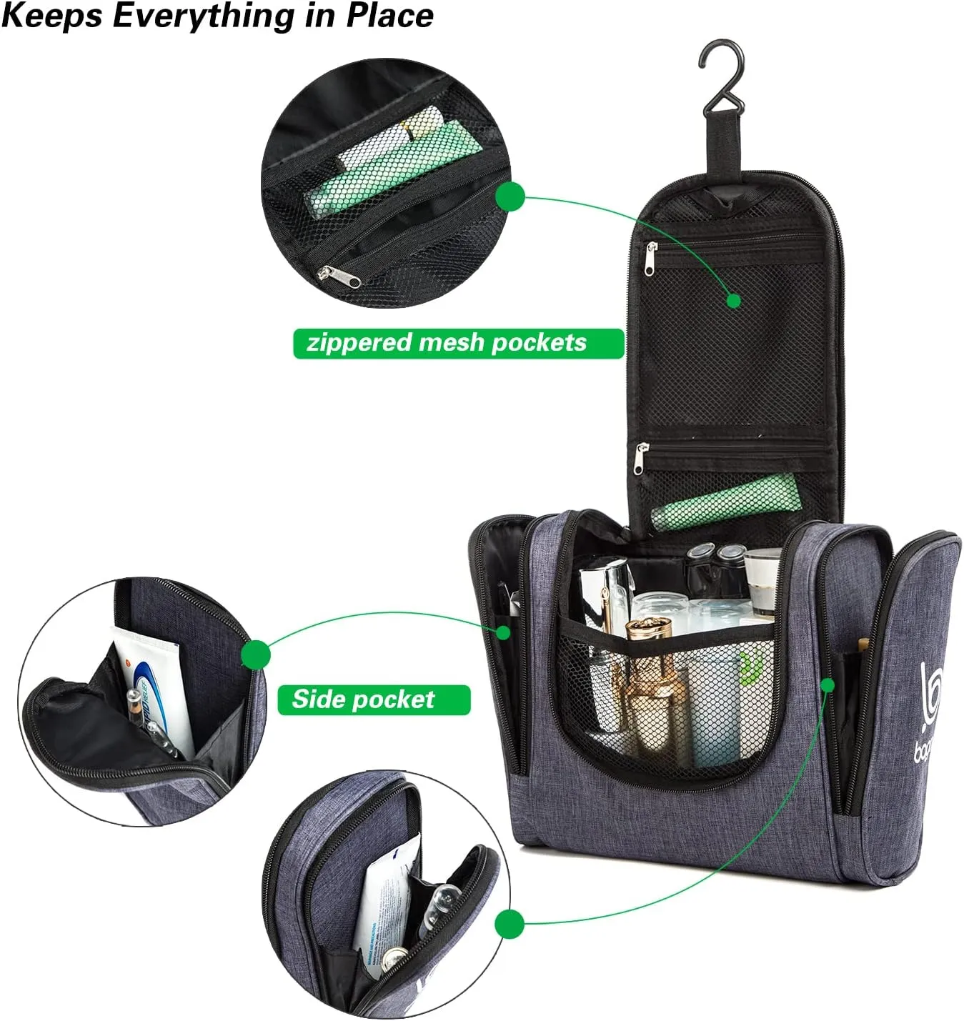bago Travel Toiletry Bag for Women and Men - Large Waterproof Hanging Toiletry Bag for Bathroom and Travel Bag for Toiletries Organizer (Snow Black)