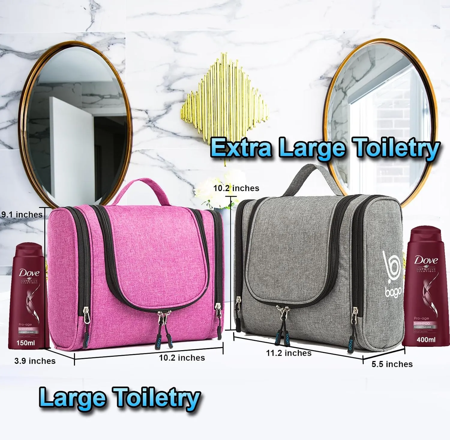 bago Travel Toiletry Bag for Women and Men - Large Waterproof Hanging Toiletry Bag for Bathroom and Travel Bag for Toiletries Organizer (Snow Black)