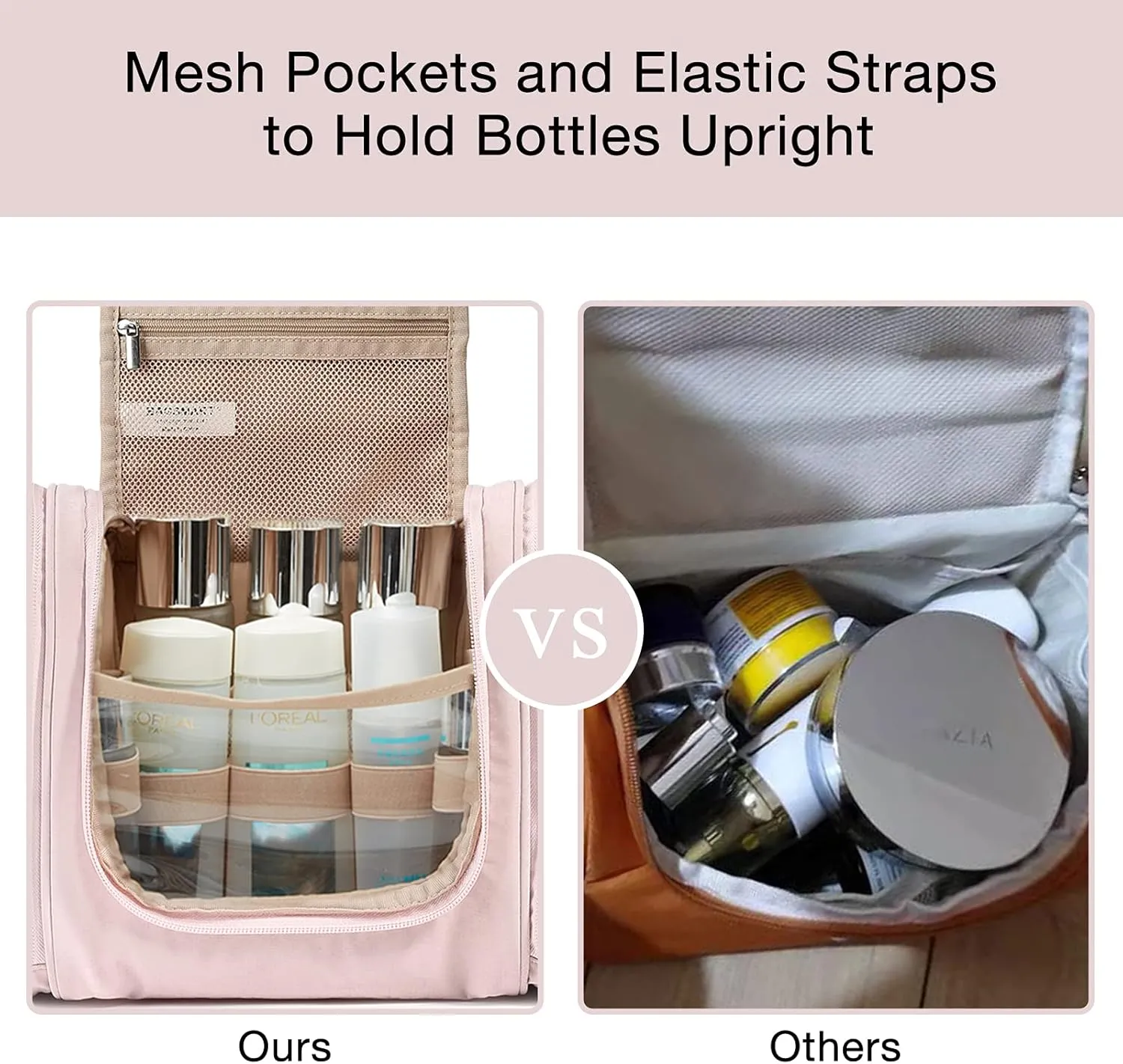 BAGSMART Toiletry Bag for Women, Travel Toiletry Organizer with hanging hook, Water-resistant Cosmetic Makeup Bag Travel Organizer for Shampoo, Full-size Container, Toiletries, Pink-Medium