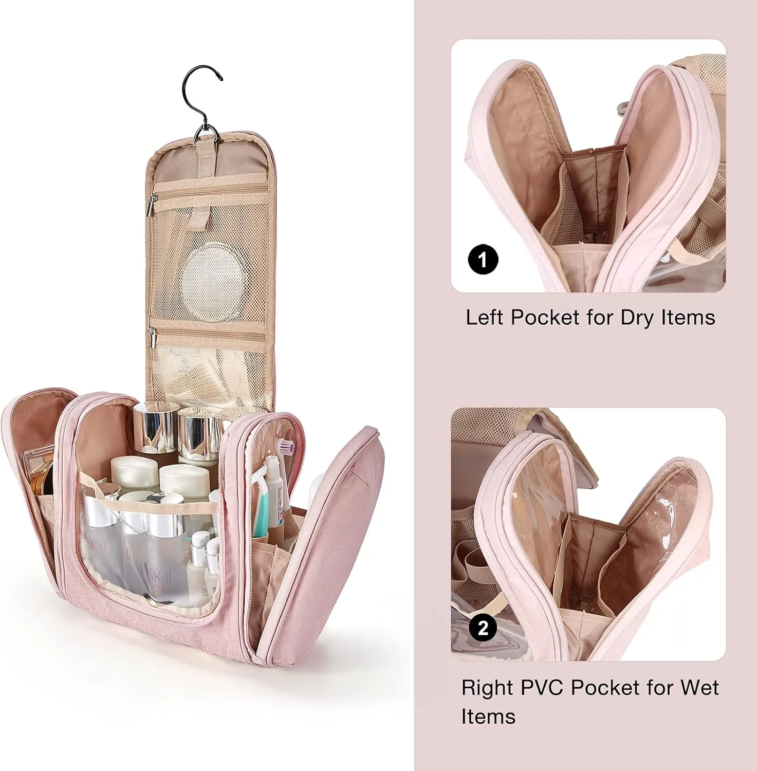 BAGSMART Toiletry Bag for Women, Travel Toiletry Organizer with hanging hook, Water-resistant Cosmetic Makeup Bag Travel Organizer for Shampoo, Full-size Container, Toiletries, Pink-Medium