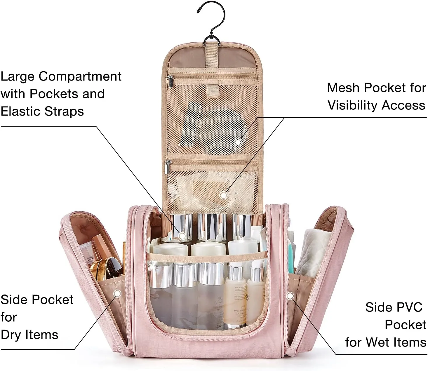 BAGSMART Toiletry Bag for Women, Travel Toiletry Organizer with hanging hook, Water-resistant Cosmetic Makeup Bag Travel Organizer for Shampoo, Full-size Container, Toiletries, Pink-Medium