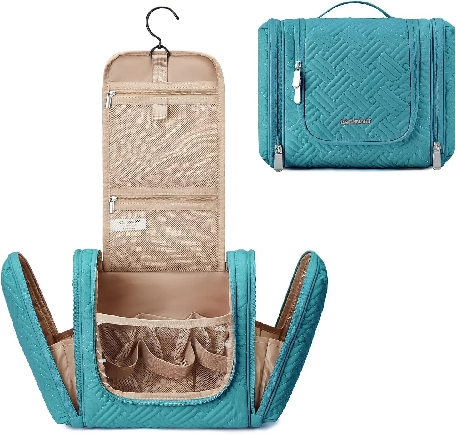 BAGSMART Travel Toiletry Bag for Women, Hanging Toiletry Bag with Hook, Travel Cosmetic Makeup Bag Travel Organizer for Accessories, Shampoo, Full Sized Container, Toiletries,Blue-Medium