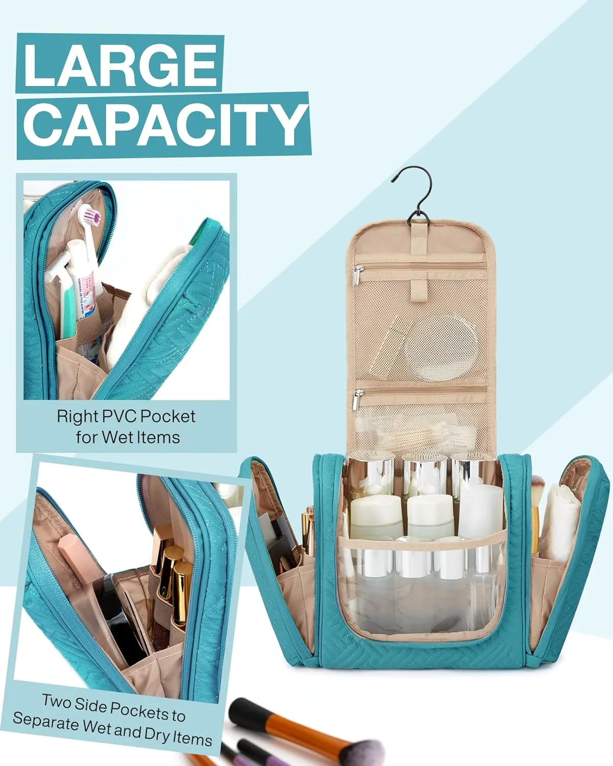 BAGSMART Travel Toiletry Bag for Women, Hanging Toiletry Bag with Hook, Travel Cosmetic Makeup Bag Travel Organizer for Accessories, Shampoo, Full Sized Container, Toiletries,Blue-Medium