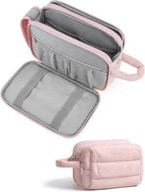 BAGSMART Travel Toiletry Bag for Women, Puffy Cosmetic Makeup Bag Organizer, Large Wide-open Travel Organizer for Toiletries, Dopp Kit Water-resistant Makeup Case for Accessories-Pink