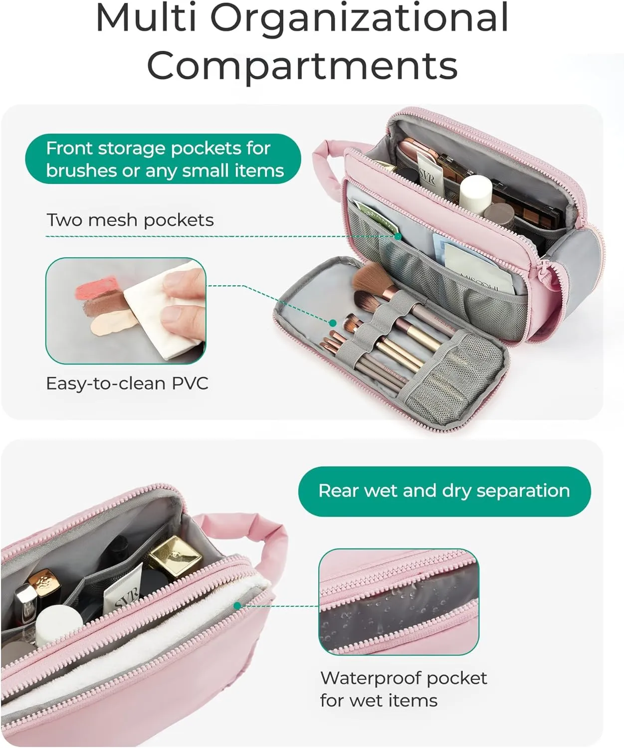 BAGSMART Travel Toiletry Bag for Women, Wide-open Makeup Bag Organizer, Puffy Make Up Case, Large Capacity Cosmetic Organizer for Women for Travel Essentials Toiletries Accessories (Nude Pink)