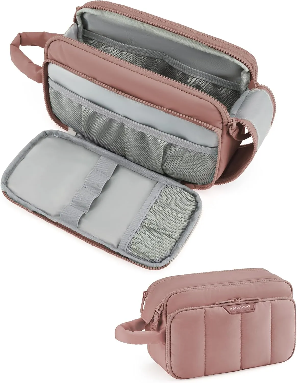 BAGSMART Travel Toiletry Bag for Women, Wide-open Makeup Bag Organizer, Puffy Make Up Case, Large Capacity Cosmetic Organizer for Women for Travel Essentials Toiletries Accessories (Nude Pink)