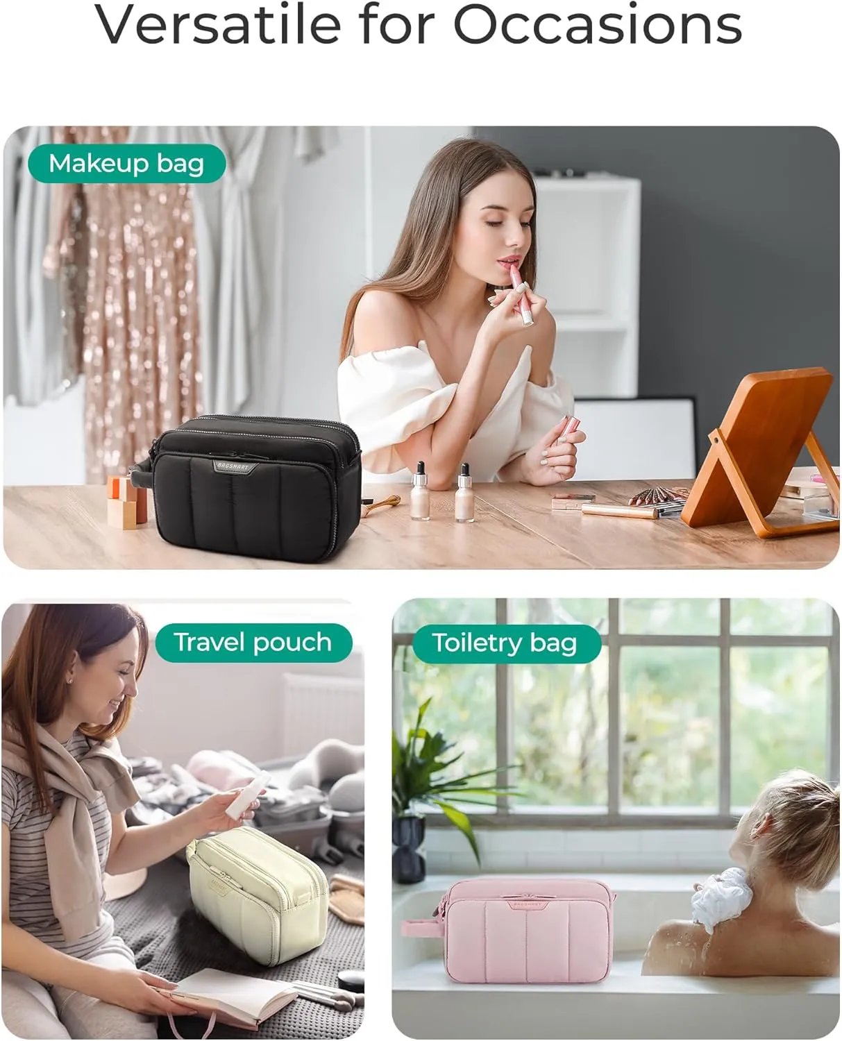 BAGSMART Travel Toiletry Bag for Women, Wide-open Makeup Bag Organizer, Puffy Make Up Case, Large Capacity Cosmetic Organizer for Women for Travel Essentials Toiletries Accessories (Nude Pink)