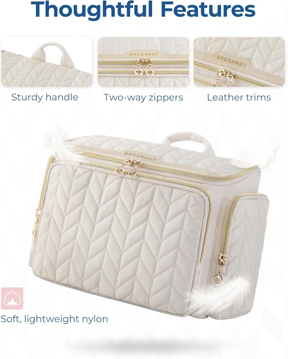 BAGSMART Travel Toiletry Bag, Large Wide-open Travel Bag for Toiletries, Makeup Cosmetic Travel Bag with Handle-Beige