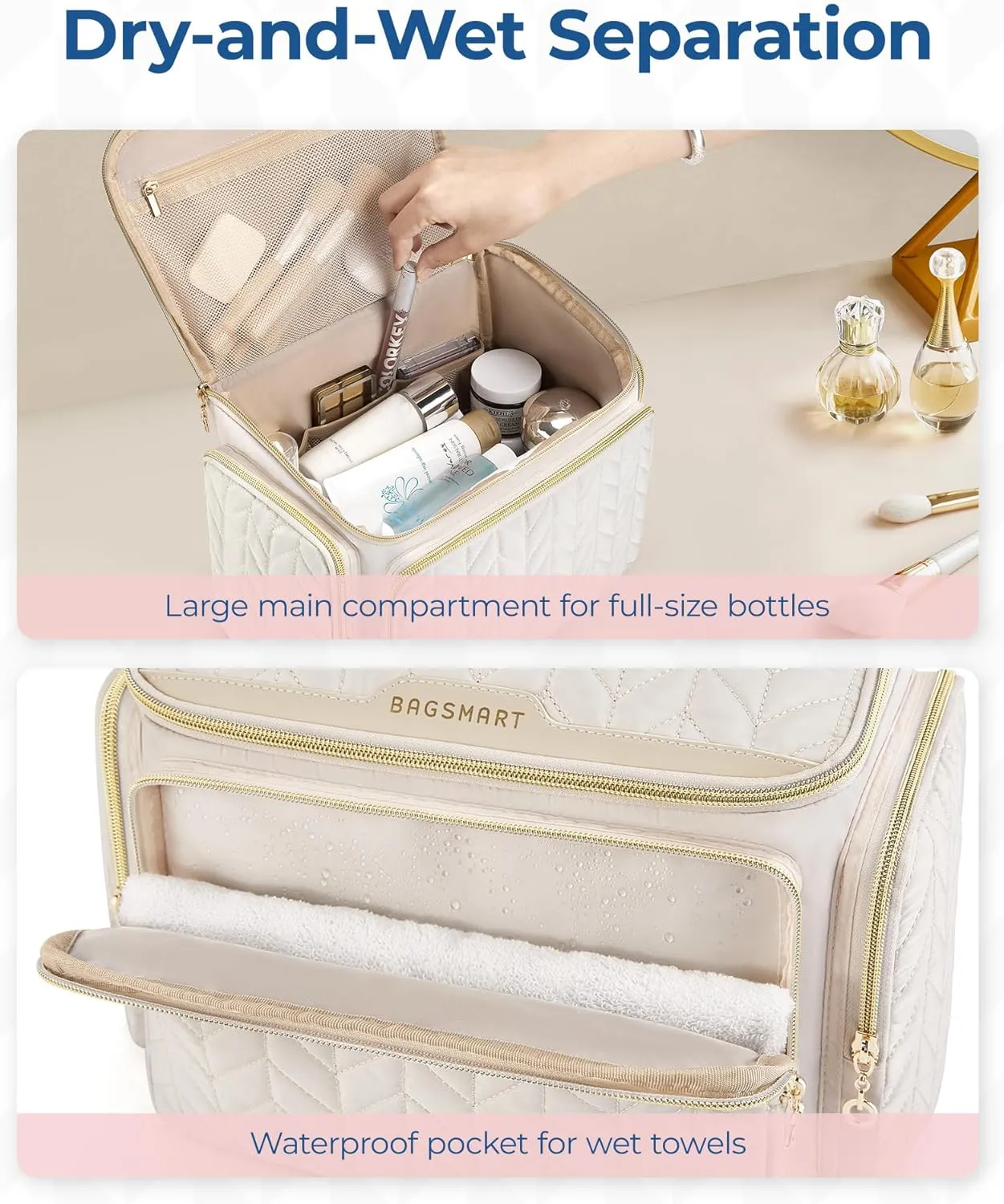 BAGSMART Travel Toiletry Bag, Large Wide-open Travel Bag for Toiletries, Makeup Cosmetic Travel Bag with Handle-Beige