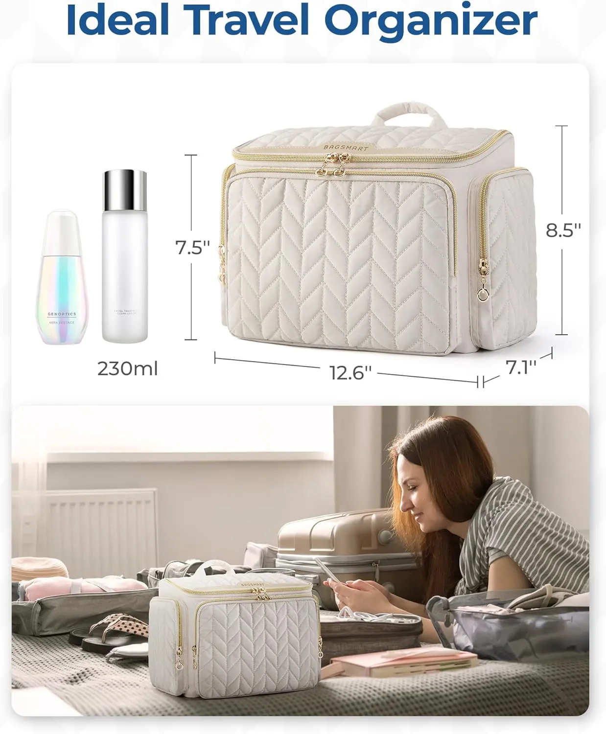 BAGSMART Travel Toiletry Bag, Large Wide-open Travel Bag for Toiletries, Makeup Cosmetic Travel Bag with Handle-Beige