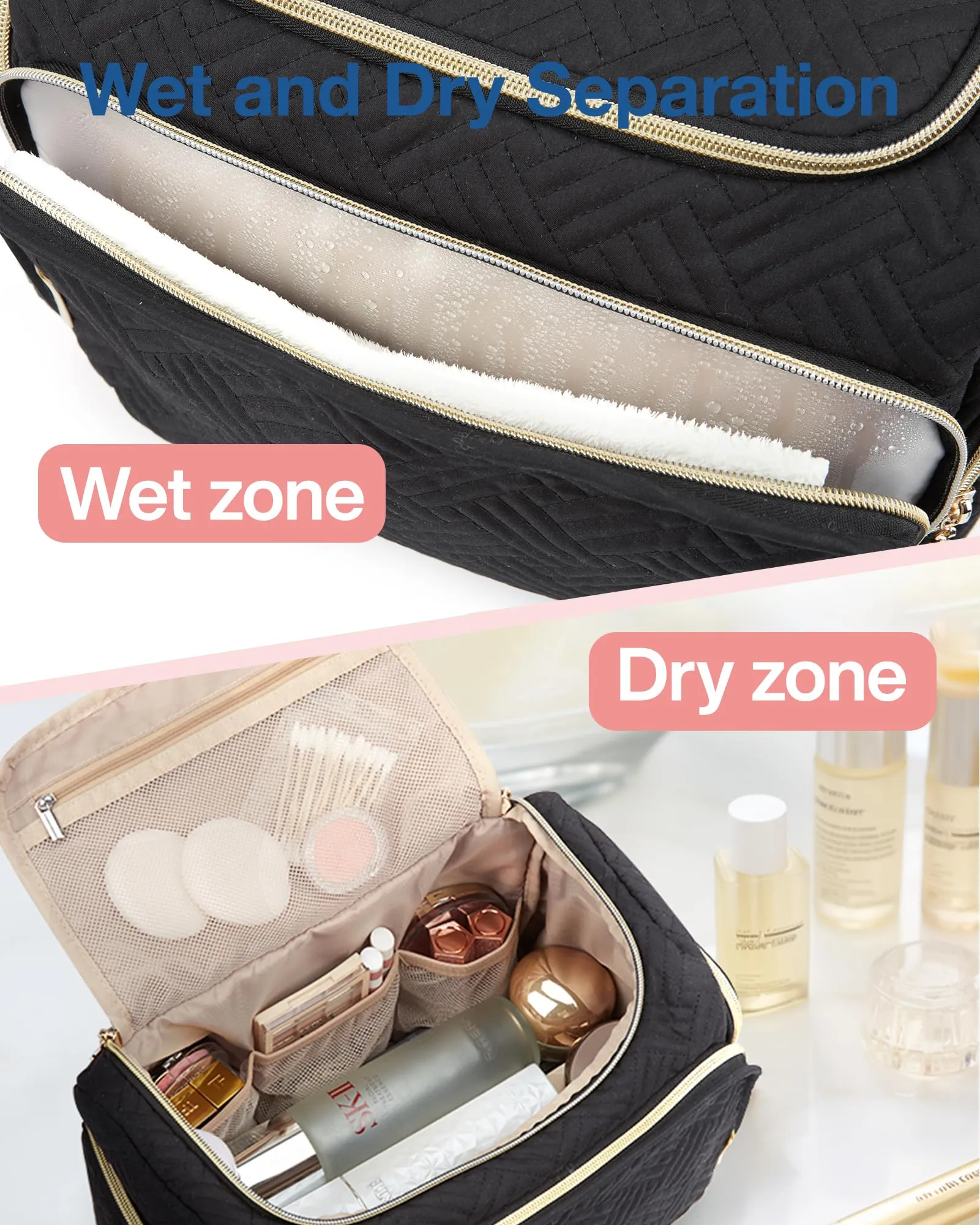 BAGSMART Travel Toiletry Bag, Large Wide-open Travel Bag for Toiletries, Makeup Cosmetic Travel Bag with Handle, Black-M