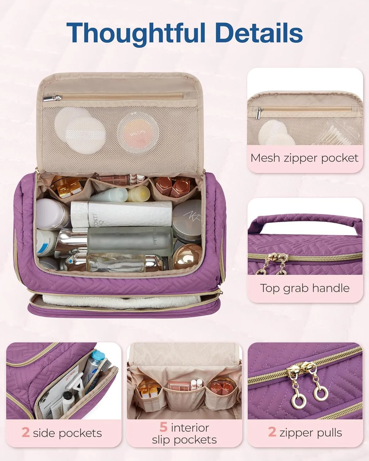 BAGSMART Travel Toiletry Bag, Large Wide-open Travel Bag for Toiletries, Makeup Cosmetic Travel Bag with Handle