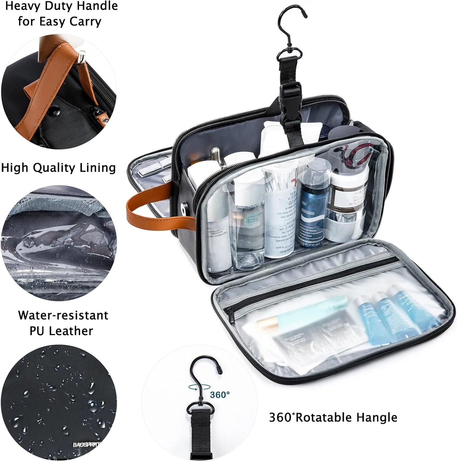 BAGSPRITE Large Toiletry Bag for Men, Women Travel Bag with Hanging Hook, Water-resistant Makeup Cosmetic Bag Shaving Kit Organizer, Bathroom Bag for Traveling