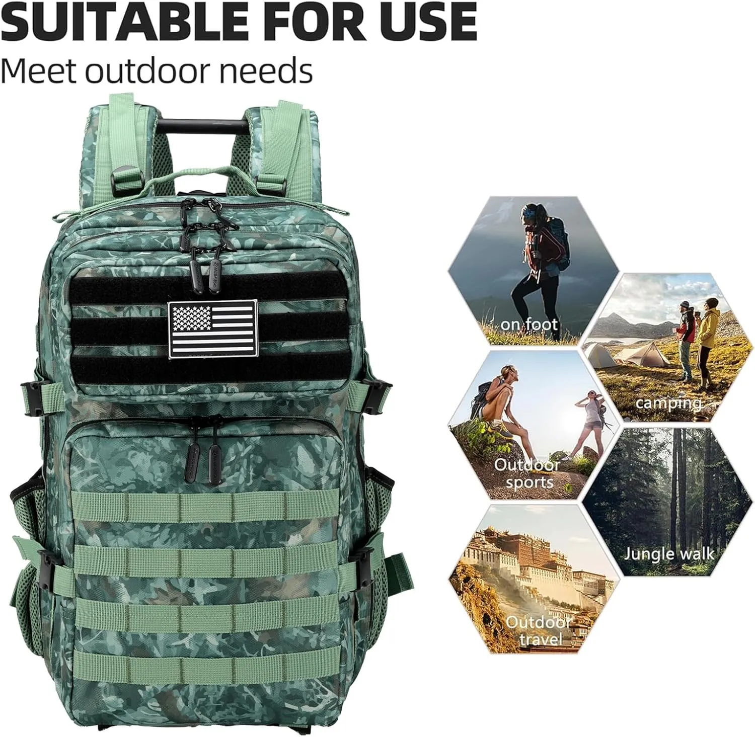 BAIXINGBAGS 45L Large Travel backpack for men Military Backpack with DIY System for Travel, gym,camo backpack,Work,Camping,Hunting,Hiking,Sports,Highland Tactical
