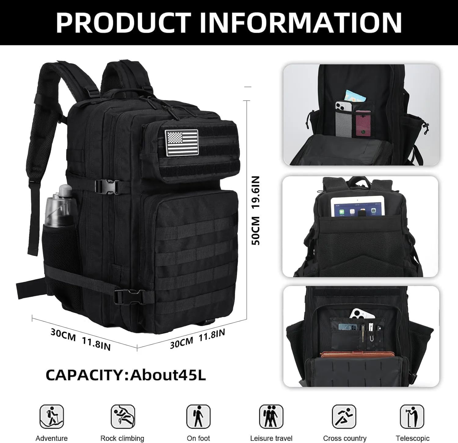 BAIXINGBAGS 45L Tactical Backpack Waterproof Military Backpack for Men Tactical Operations Highland Tactical Assault Backpack (Pro-black_45L)