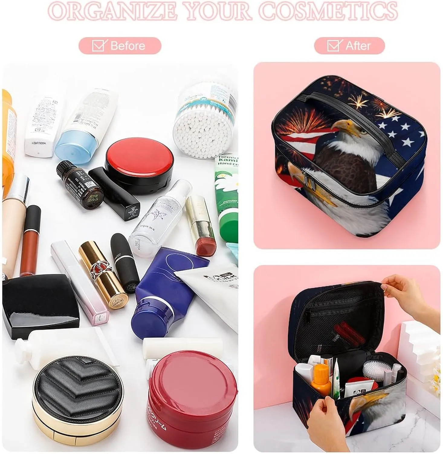 Bald Eagle American Flag Fireworks Pattern Large Capacity Portable Makeup Bag And Wash Bag