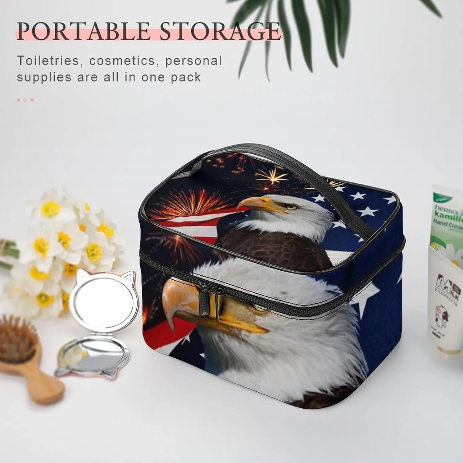 Bald Eagle American Flag Fireworks Pattern Large Capacity Portable Makeup Bag And Wash Bag