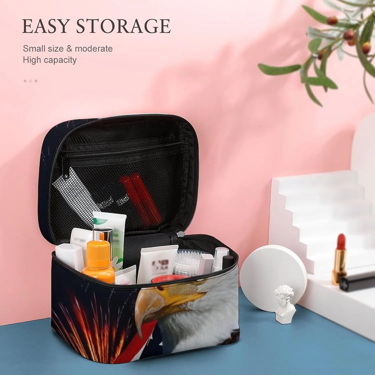 Bald Eagle American Flag Fireworks Pattern Large Capacity Portable Makeup Bag And Wash Bag
