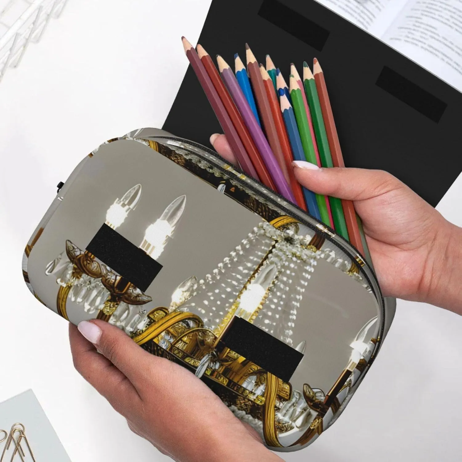 Ball Room Chandelier Printing Pen Case, Rollerball Pen Holder Handmade Display Organizer Zippered Pouch