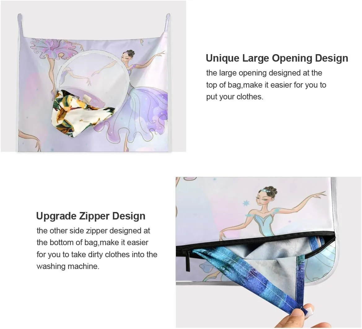 Ballerina Girls Hanging Laundry Bag Purple Door Hanging Laundry Hamper with Stainless Steel Hooks Wall Laundry Nook with Adhesive Hooks 1 PC