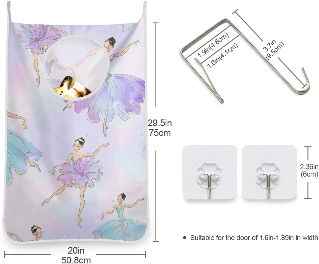 Ballerina Girls Hanging Laundry Bag Purple Door Hanging Laundry Hamper with Stainless Steel Hooks Wall Laundry Nook with Adhesive Hooks 1 PC